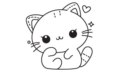 Adorable Cartoon Cat Coloring Page: A Cute Kawaii Kitten with Stitched Ears and Heart