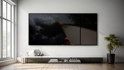 Fototapeta premium A modern living room features a sleek flat-screen TV mounted on a white wall, flanked by minimalist decor and greenery. AI generated. 