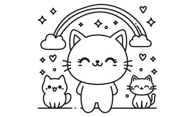 Adorable Kawaii Cat Trio Under a Rainbow: A Coloring Page Featuring Three Cute Kittens with Magical Elements