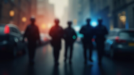 Blurred silhouettes of police officers on a dark street with bright city lights and bokeh effect