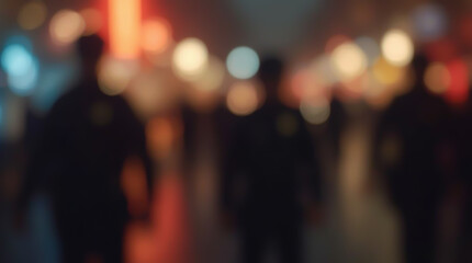 Blurred figures of police officers and bright light spots on the street late in the evening