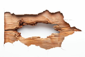  large hole in a wooden board on a white background with empty space for presenting marketing text