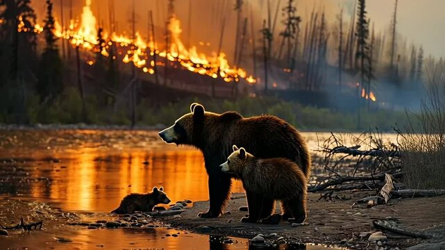 A family of bears stands by a river as a forest fire rages, highlighting climate change and environmental conservation