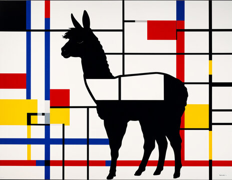 recommend clip art: painting with red yellow blue and black. A silhouette of llama, perched on black line, abstract art - generated by ai