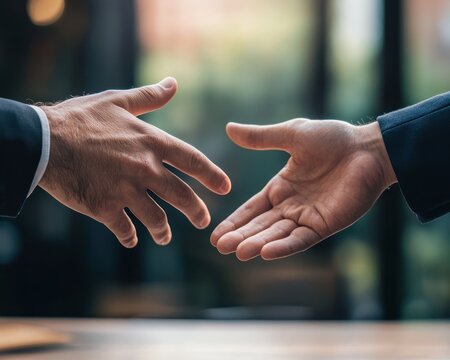 Helping hand concept with outstretched arms. A close-up image of two hands reaching out to one another, symbolizing teamwork, support, and compassion in the workplace.