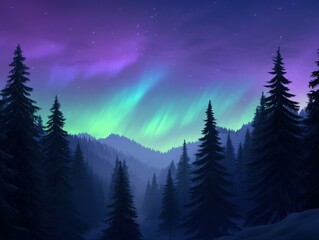Colorful aurora lights dance over a forest landscape at night