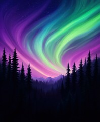 Vibrant northern lights illuminate a forested mountain landscape