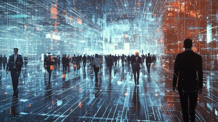 Imaginative concept of business professionals and financial firm staff. A modern interpretation of HR, ERP, and digital innovation in the workplace, blending futuristic visuals with human connections.
