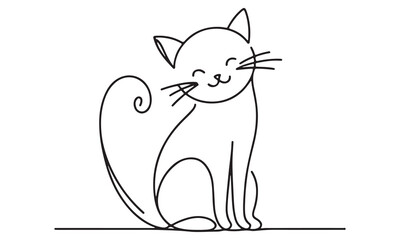One Line Drawing of a Cute Sitting Cat with a Swirling Tail, Simple Minimalist Pet Illustration, White Background, Black Outline