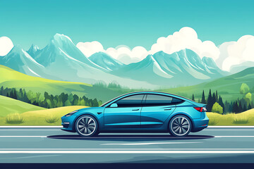 Fototapeta premium A blue electric car driving along a scenic road with mountains and greenery in the background.