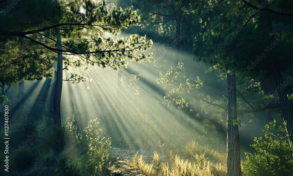 Wall mural sunlight filters through trees in a serene forest scene.