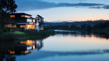 Obraz premium Modern waterfront house illuminated at twilight, reflecting in calm river.