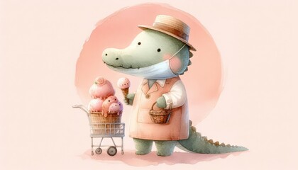 Fototapeta premium Crocodile. Eating ice cream, bright children's illustration.created with generative AI software