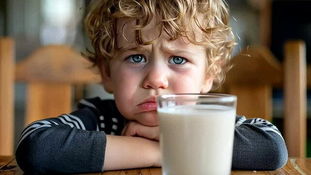 Curly-haired Caucasian boy frowns at glass of milk, symbolizing picky eating and childhood nutrition