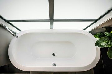 looking down on a modern bathroom bathtub with greenery