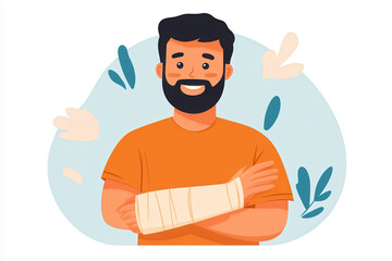 Cartoon man with arm cast smiling in a playful illustration, representing resilience and positivity