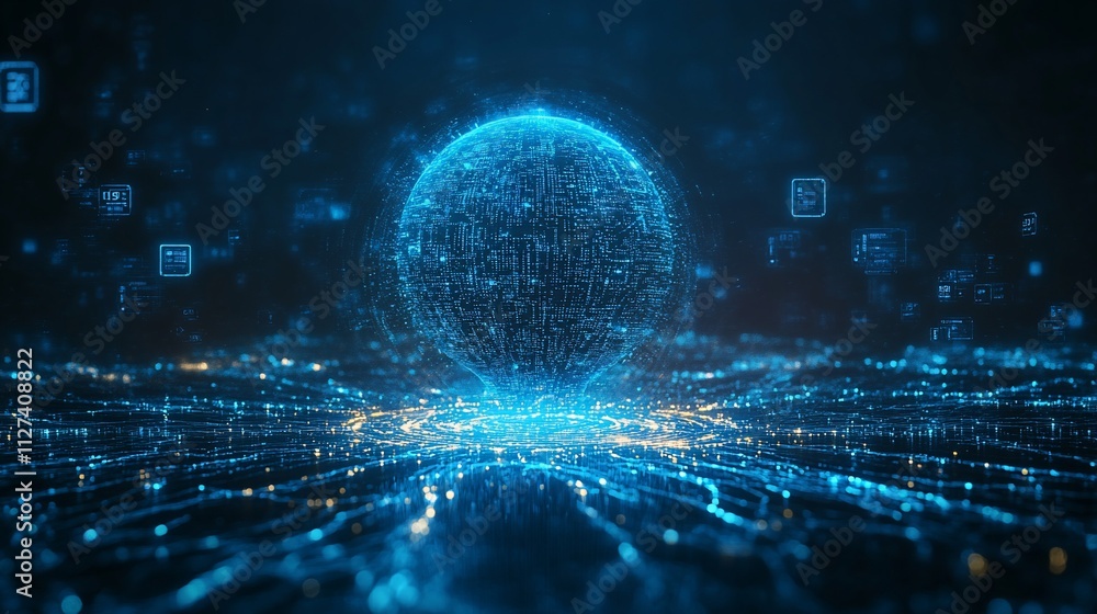Poster blue digital globe with data streams and particles.