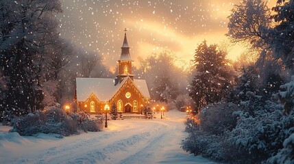 Serene Christmas Eve candlelight service in a snowy village church