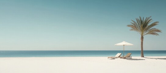 A panoramic view of the white sandy beach with clear blue water and palm trees, featuring two sun loungers under an umbrella on one side, creating space for text Generative AI