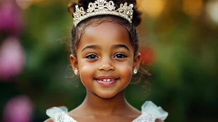 Smiling African American girl wearing a tiara enjoys outdoor festivities, related to princess parties and celebrations