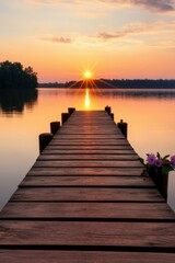 Obraz premium Beautiful sunrise over a tranquil lake with wooden dock