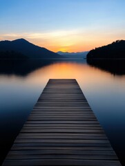 Naklejka premium Sunset over calm water from a wooden dock at a lake