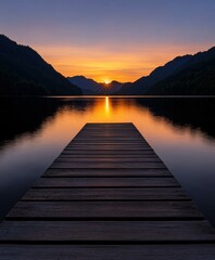 Fototapeta premium Breathtaking sunset over tranquil lake and wooden pier