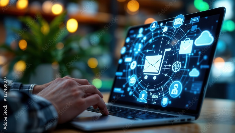 Poster a close-up of a person typing on a laptop displaying various digital communication icons and symbols