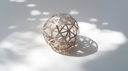 photorealistic isometric view of a thin metallic sculpture with geometric patterns placed on a...