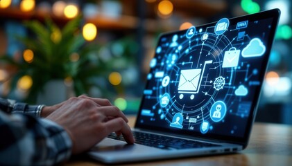 A close-up of a person typing on a laptop displaying various digital communication icons and symbols.