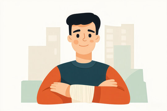 Illustration of a smiling boy with an arm cast in an urban backdrop, symbolizing positivity and recovery