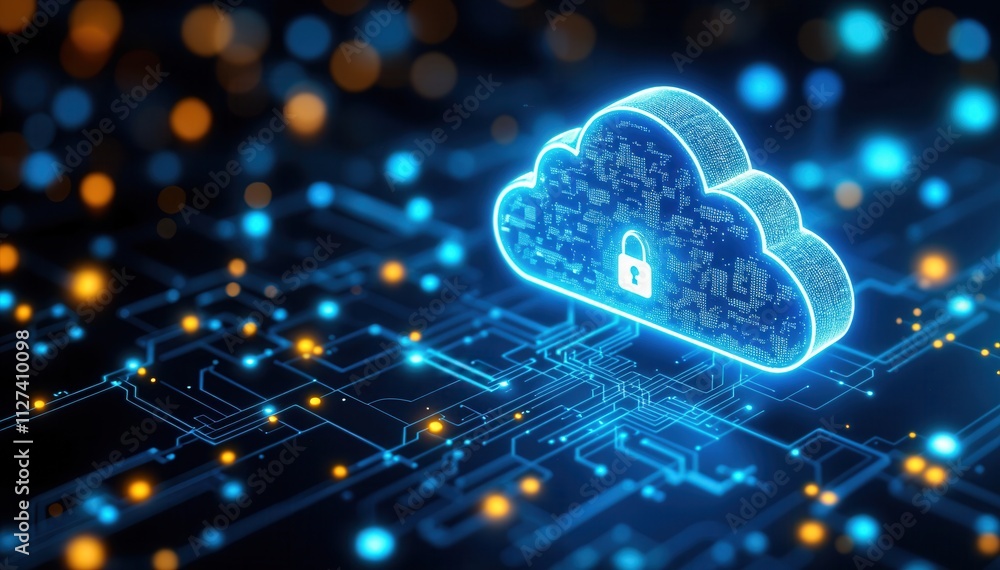 Poster a visually striking representation of secure cloud storage featuring a digital lock and glowing circ