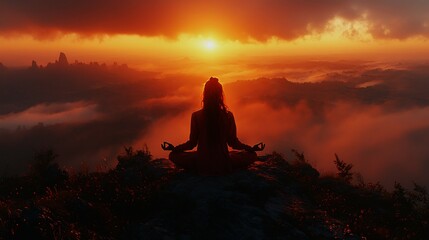 Serene sunrise meditation session on a mountain peak in a relaxing view