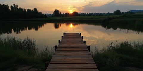 Scenic sunset over calm lake with wooden dock