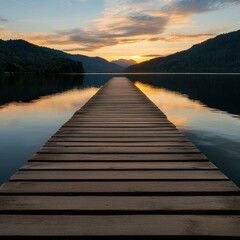 Obraz premium Wooden pier extends over calm lake at sunset