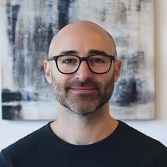 Portrait of a Smiling Man with Glasses Against Abstract Background