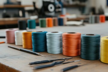 A well-lit workshop boasts an array of colorful spools, reflecting a dynamic space primed for creativity and expression in textile arts.