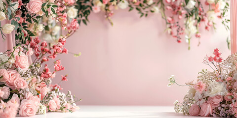 Floral arrangement of pink roses and blossoms for celebration, Romantic floral decor with pink flowers and copy space
