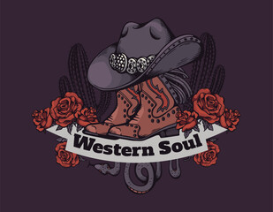 Western soul American gothic vector design with lettering, Wild west style, cowgirl boots and hat, roses cactus, snake