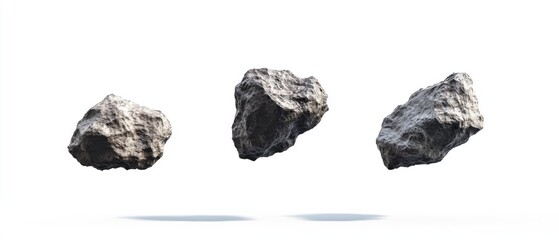 Three floating asteroids or meteorite rocks with rough, detailed surfaces and soft shadows isolated on white background. Generative AI.