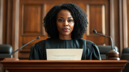 black female judge in courtroom close up