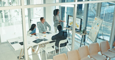 Above, presentation and business people in meeting, charts or financial report in modern office....