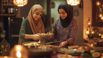 muslim women preparing food, warm kitchen with festive mood during ramadan, togetherness and celebration