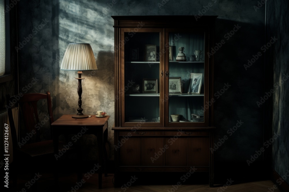 Poster exploring textures and shadows a cabinet depicted through light and basic colors