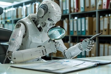 Photo shows a robot examining an invoice with a magnifying glass.