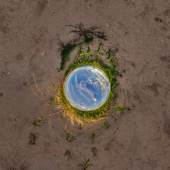 blue hole sphere or globe little planet inside green dry grass or stone with sand frame background