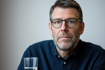 Obraz premium A man with glasses and a neutral expression sits at a table, with short hair and a neatly trimmed beard, in a thoughtful, serene setting.
