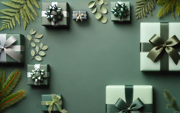 Layflat collection of green-wrapped holiday gifts on dark green neutral background

