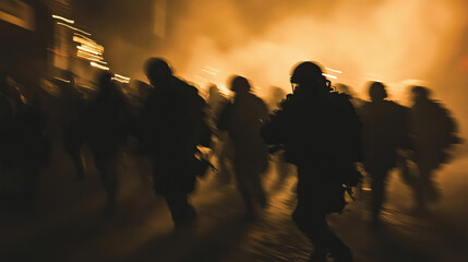 Brave soldiers charging through thick smoke, showcasing strength and unwavering determination in battle