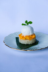 Mango sticky rice, thai mango with sweet sticky rice and coconut milk, Sticky Rice with Mango, glutinous rice served with fresh mangoes topped with coconut milk, dessert